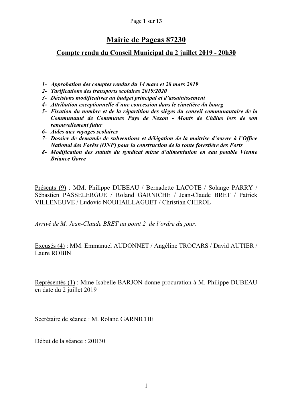 Mairie De Pageas 87230 Compte Rendu Du Conseil Municipal Du 2 Juillet 2019 - 20H30