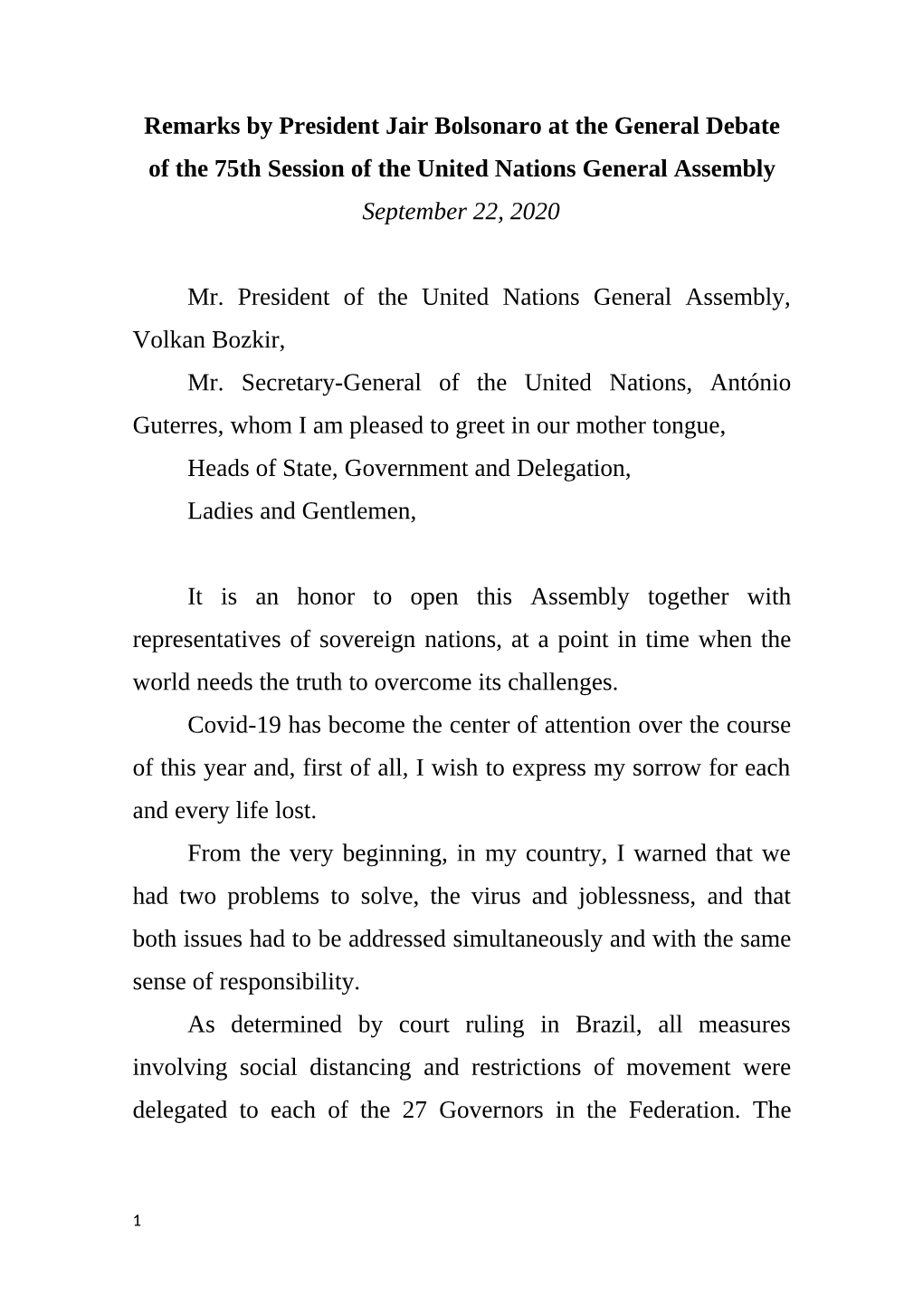 Remarks by President Jair Bolsonaro at the General Debate of the 75Th Session of the United Nations General Assembly September 22, 2020