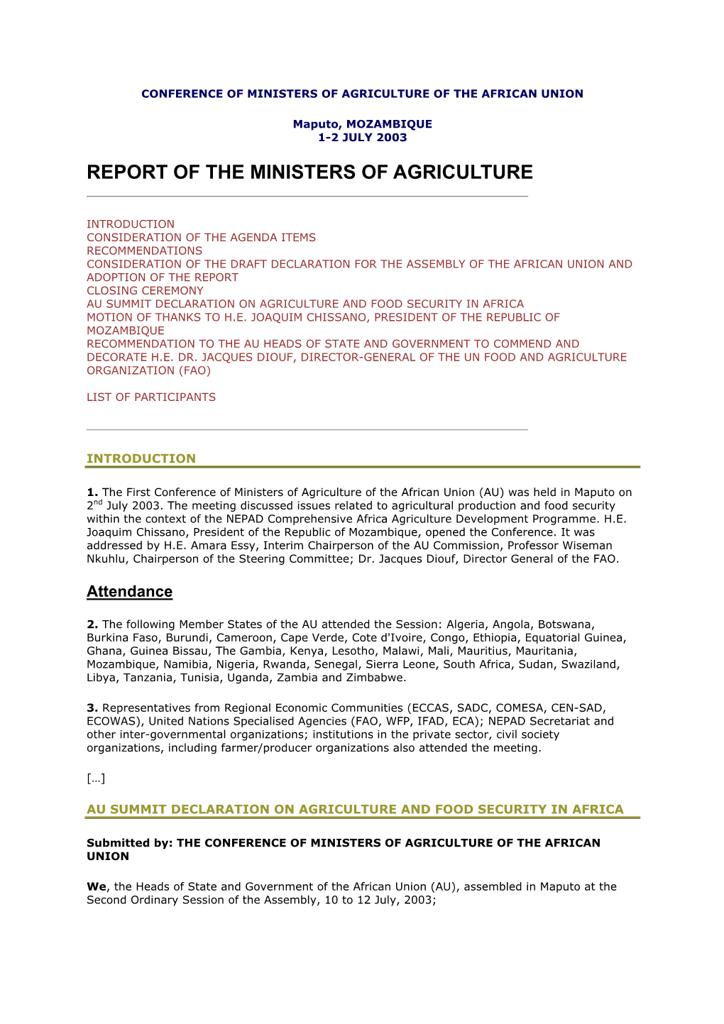 Report of the Ministers of Agriculture