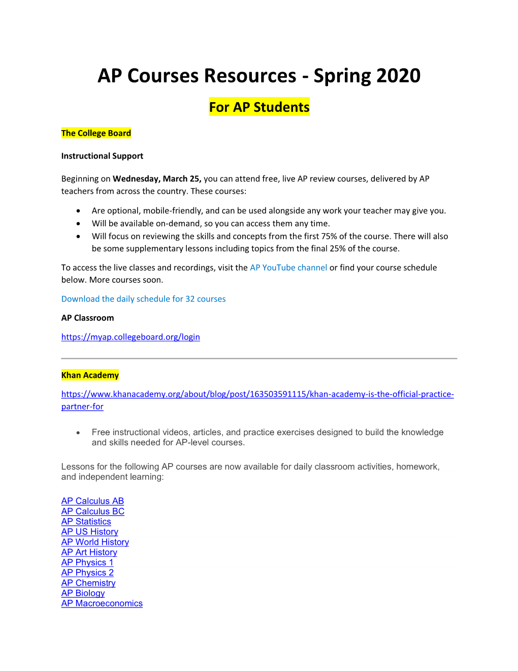 AP Courses Resources - Spring 2020 for AP Students
