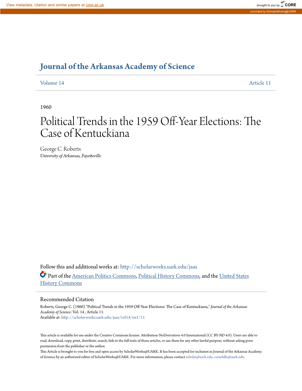 Political Trends in the 1959 Off-Year Elections: the Case of Kentuckiana George C