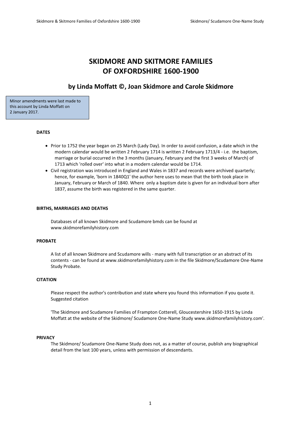 Skidmore & Skitmore Families of Oxfordshire 1600-1900