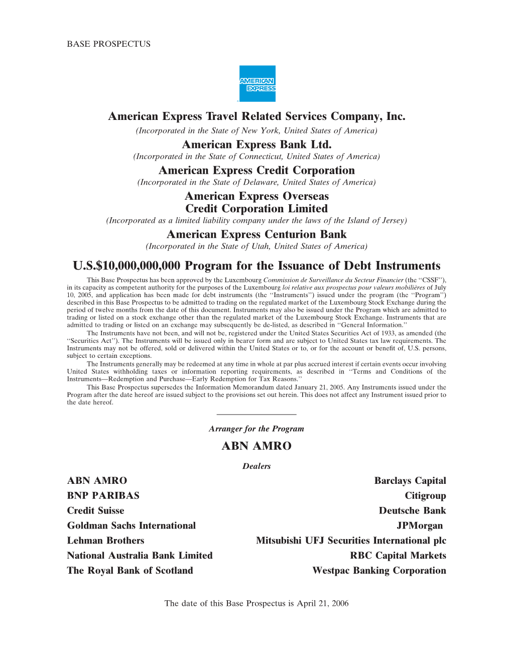 U.S.$10,000,000,000 Program for the Issuance of Debt Instruments