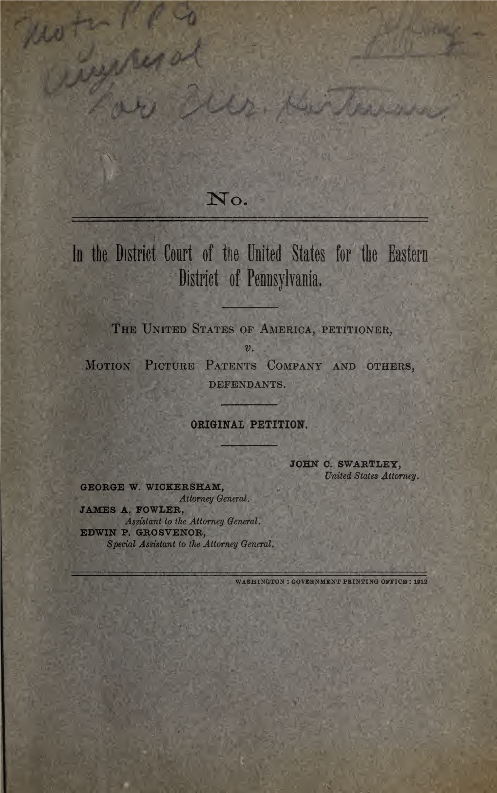 Original Petition, USA V. Motion Picture Patents Company