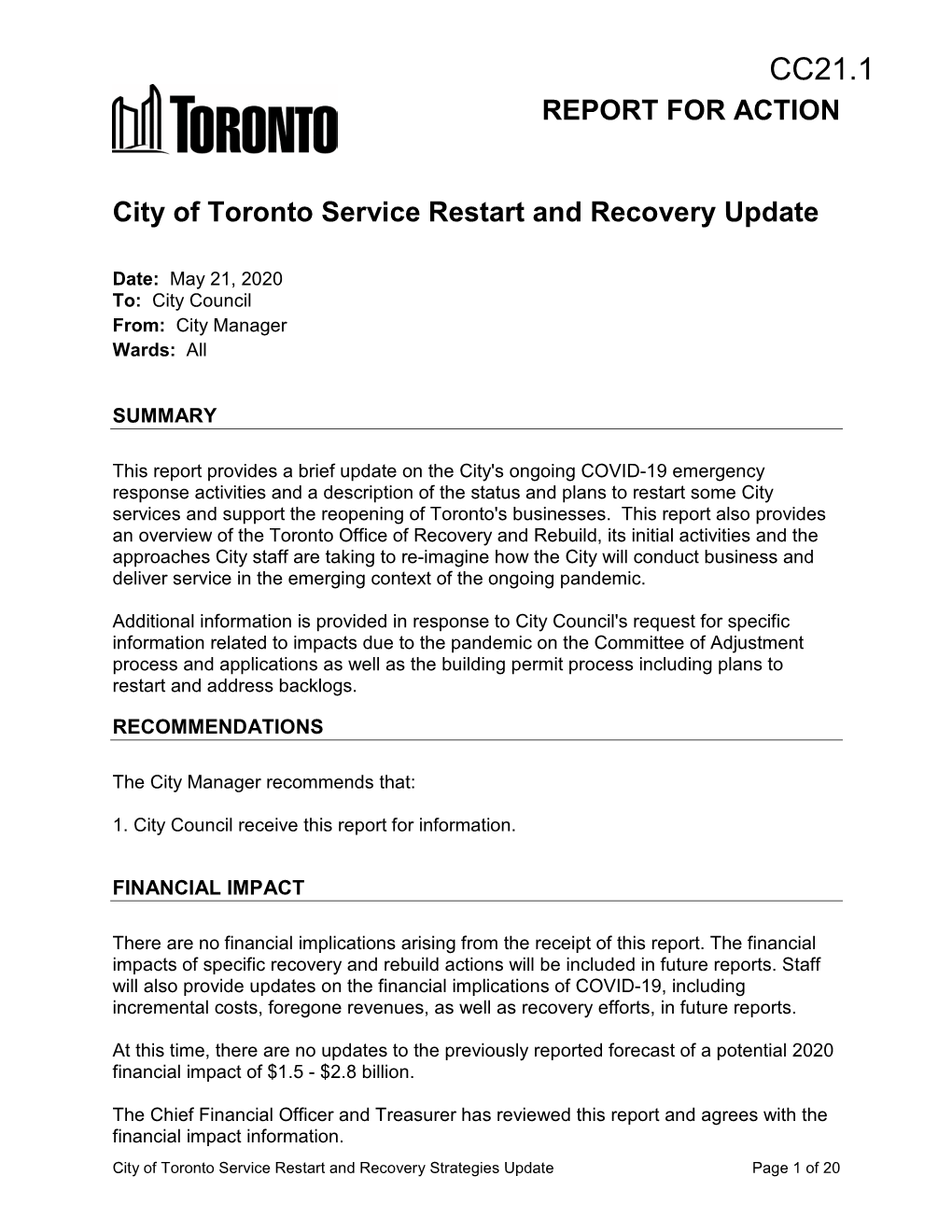 City of Toronto Service Restart and Recovery Update