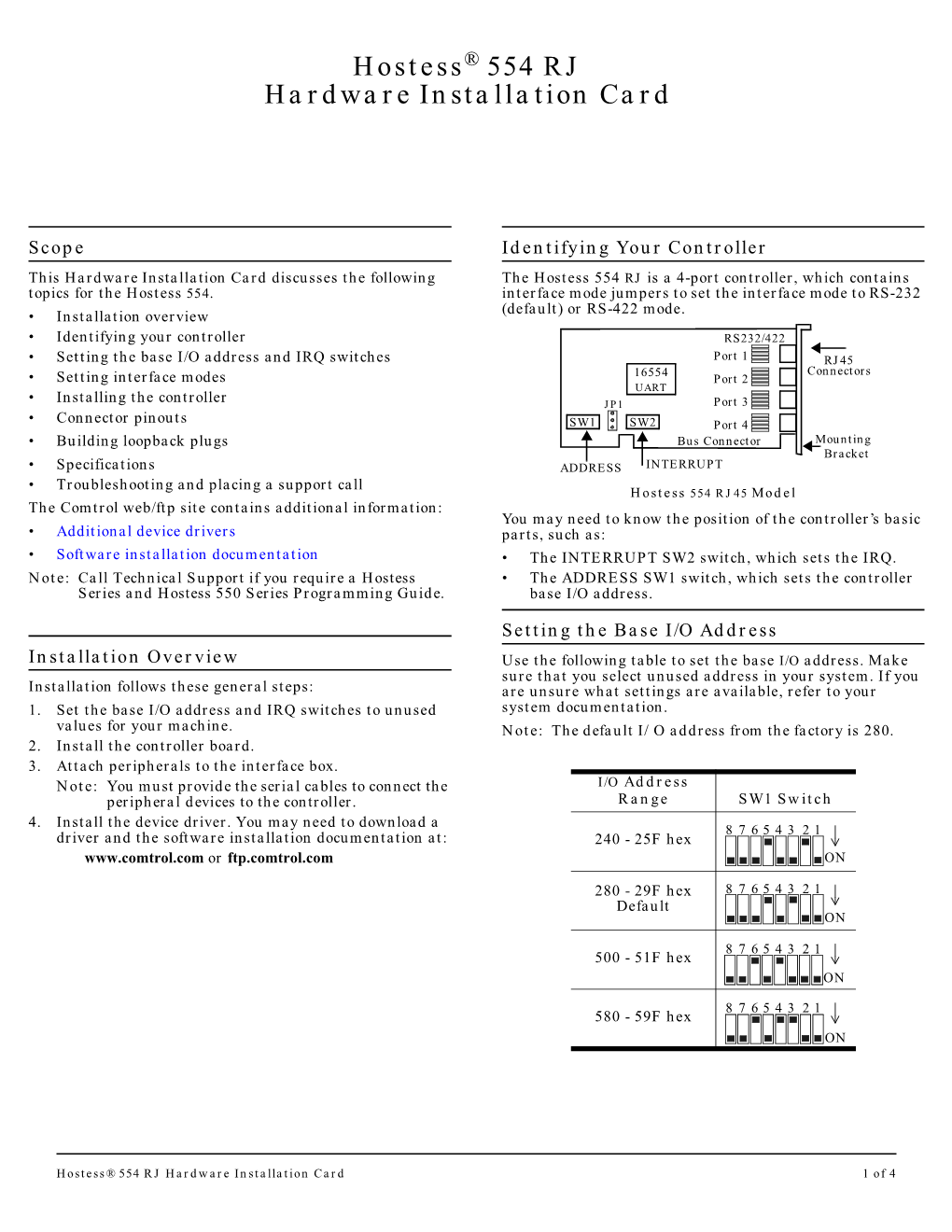 Hostess® 554 RJ Hardware Installation Card