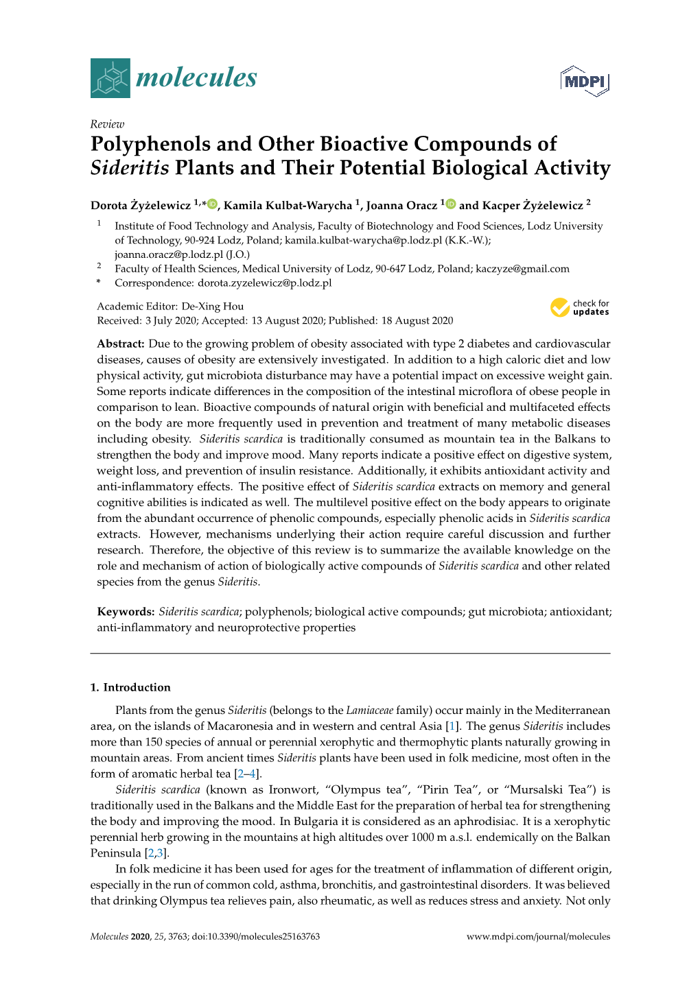 Polyphenols and Other Bioactive Compounds of Sideritis Plants and Their Potential Biological Activity