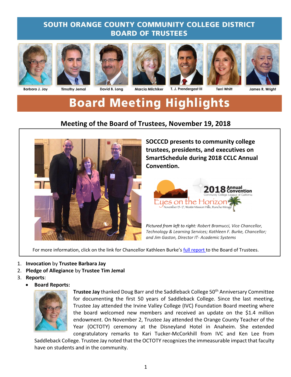 Meeting of the Board of Trustees, November 19, 2018