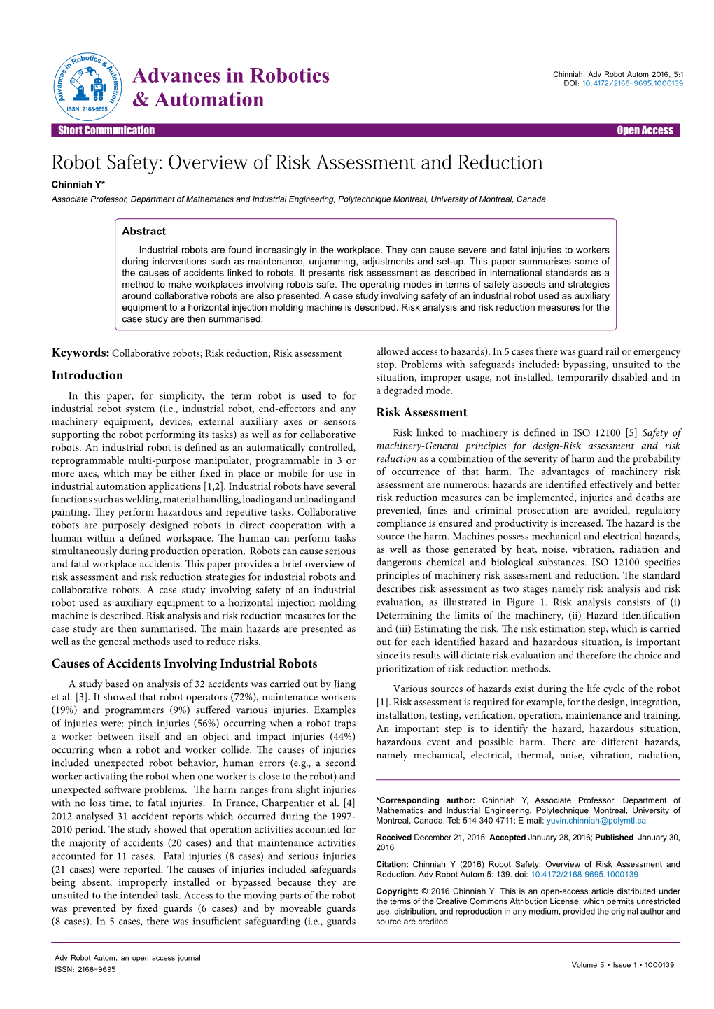 Robot Safety: Overview of Risk Assessment and Reduction