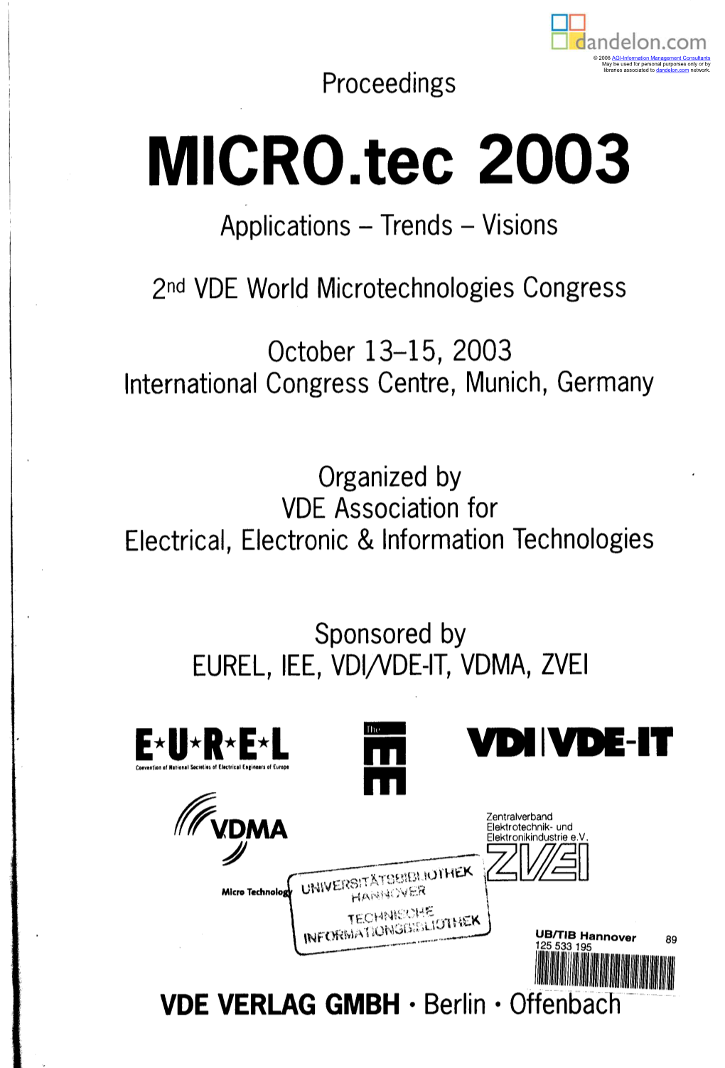 MICRO.Tec 2003 Applications - Trends - Visions