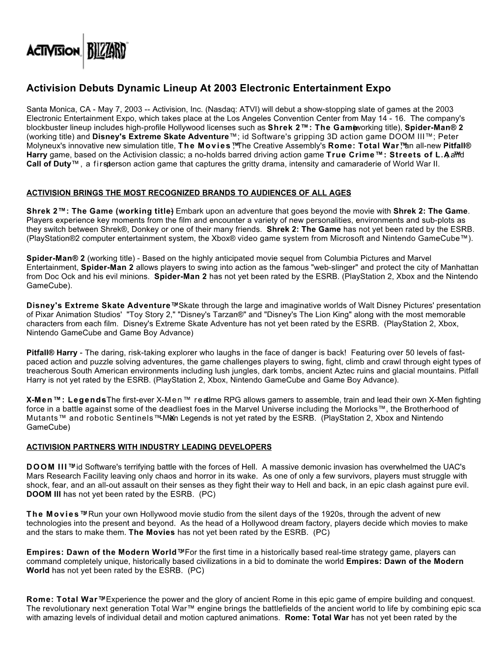 Activision Debuts Dynamic Lineup at 2003 Electronic Entertainment Expo