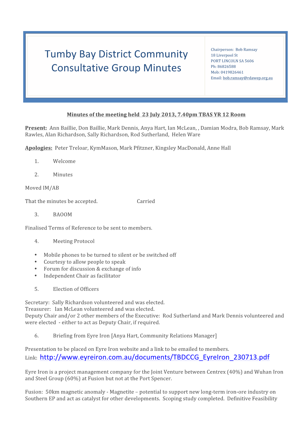 Minutes TBDCCG 23 July 2013