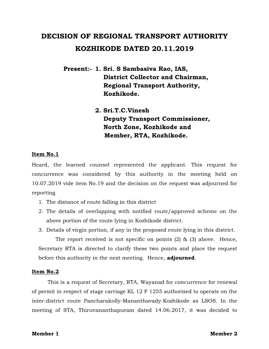 Decision of Regional Transport Authority Kozhikode Dated 20.11.2019