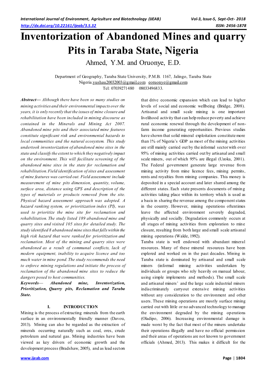 Inventorization of Abandoned Mines and Quarry Pits in Taraba State, Nigeria Ahmed, Y.M