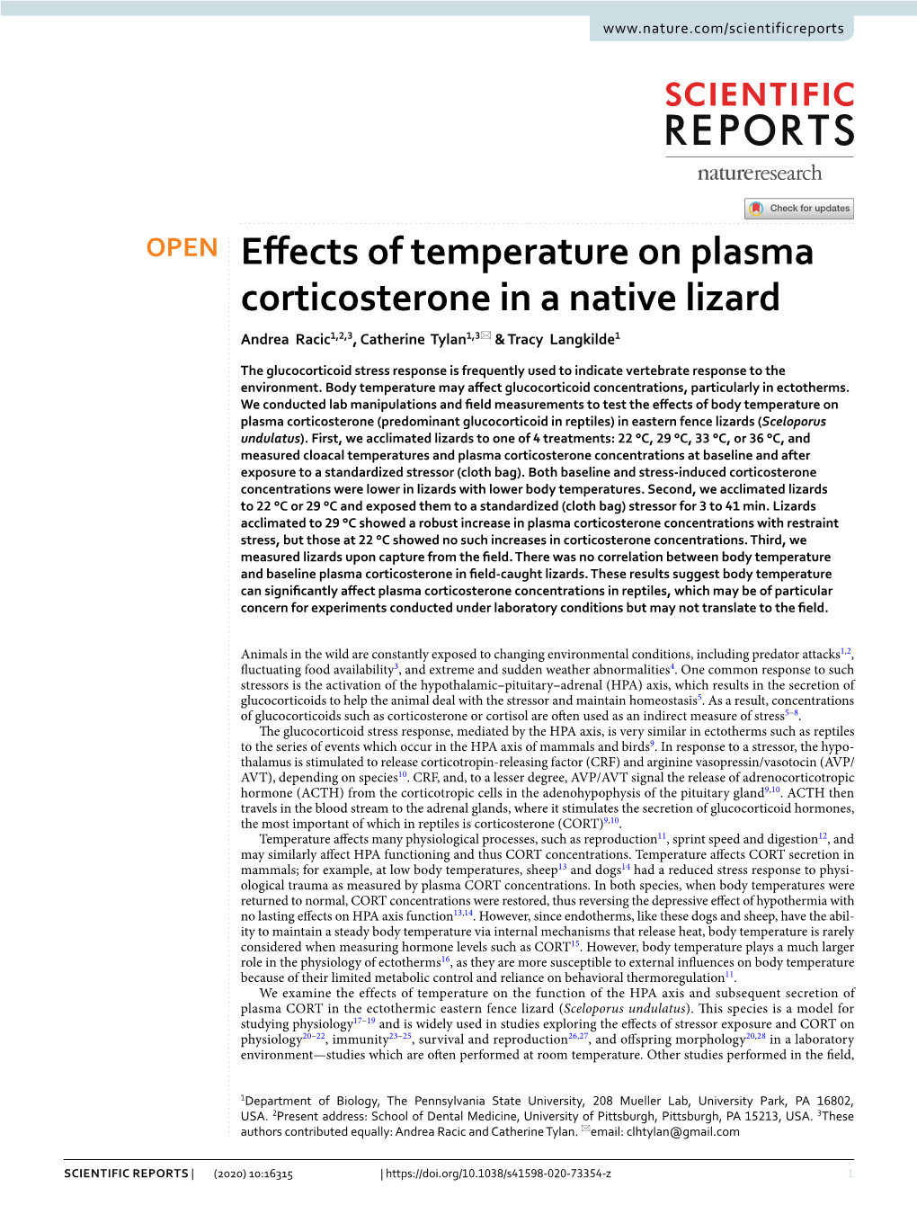 Effects of Temperature on Plasma Corticosterone in a Native Lizard