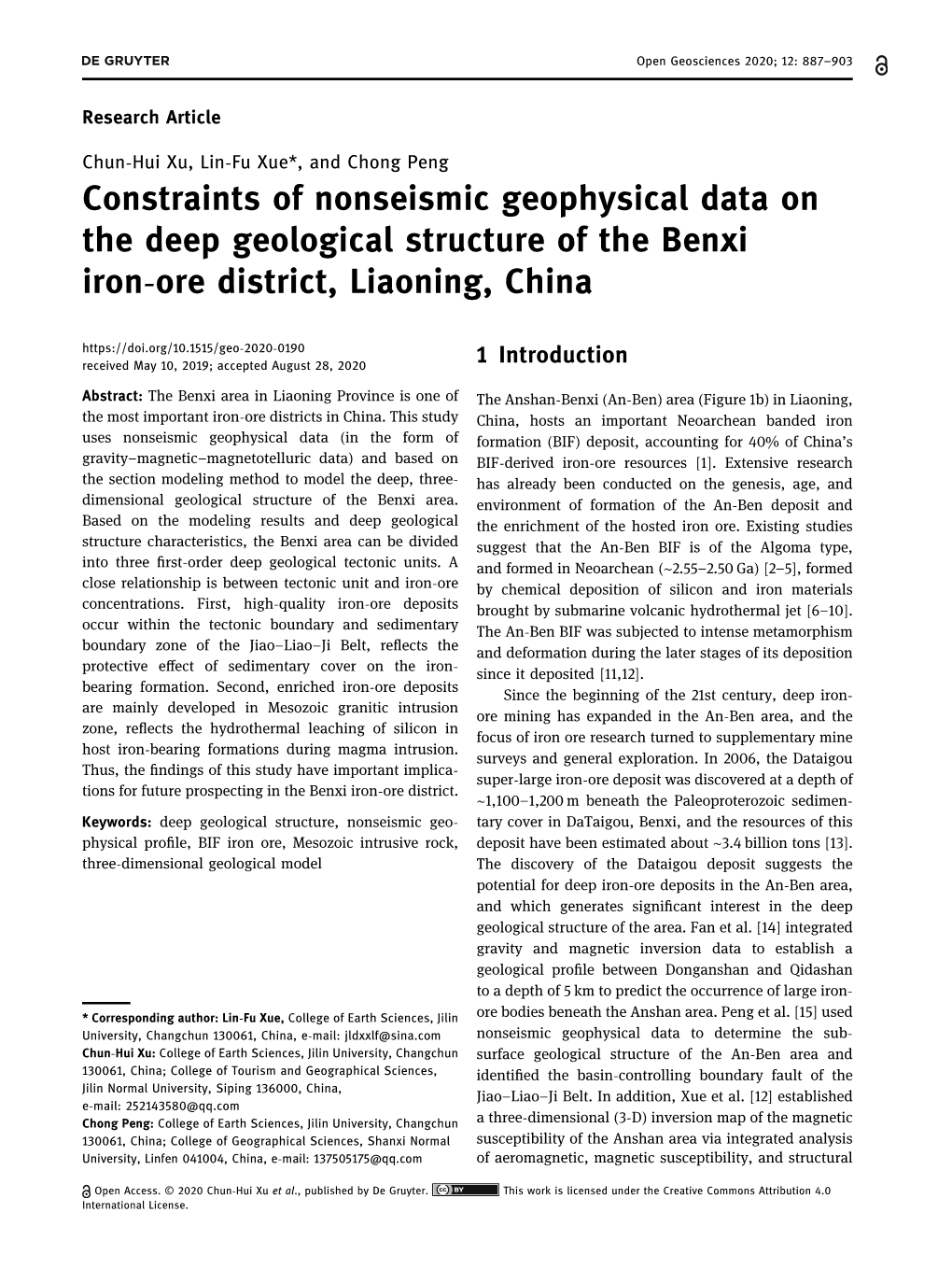 Constraints of Nonseismic Geophysical Data on the Deep Geological Structure of the Benxi Iron-Ore District, Liaoning, China