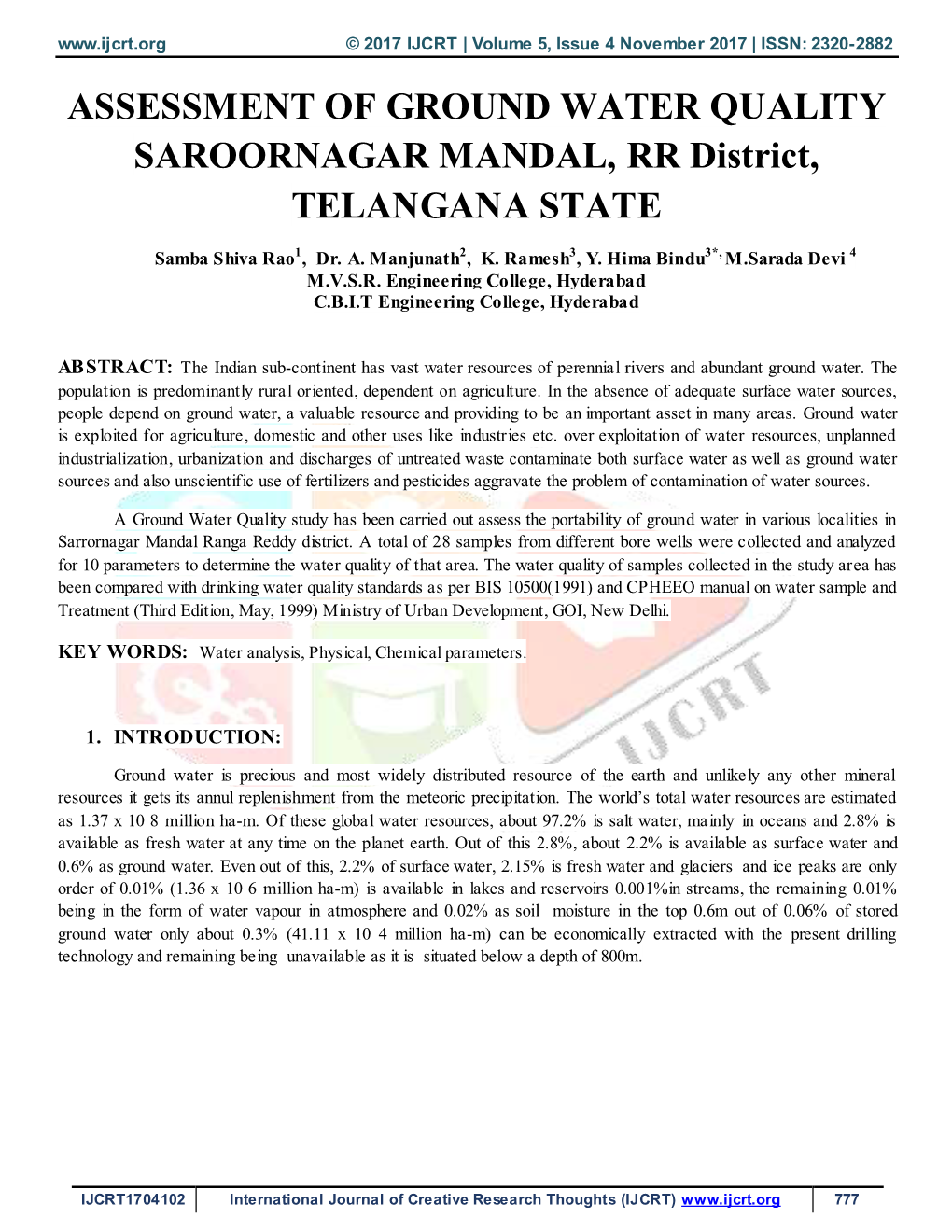 ASSESSMENT of GROUND WATER QUALITY SAROORNAGAR MANDAL, RR District, TELANGANA STATE