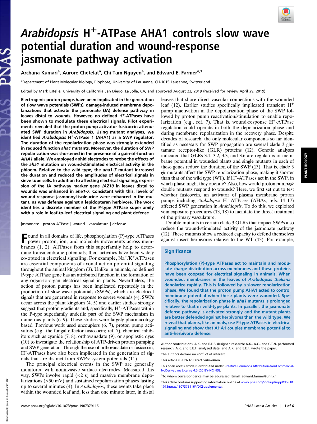 Arabidopsis H+-Atpase AHA1 Controls Slow Wave Potential Duration and Wound-Response Jasmonate Pathway Activation