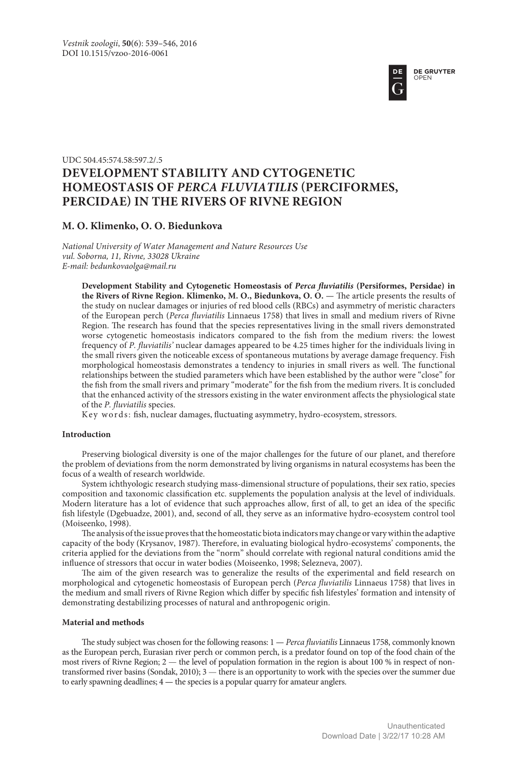 Development Stability and Cytogenetic Homeostasis of Perca Fluviatilis (Perciformes, Percidae) in the Rivers of Rivne Region