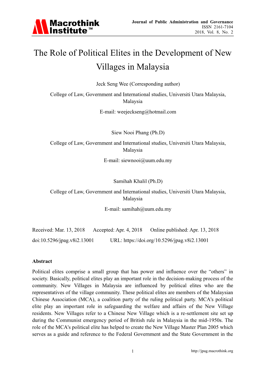 The Role of Political Elites in the Development of New Villages in Malaysia