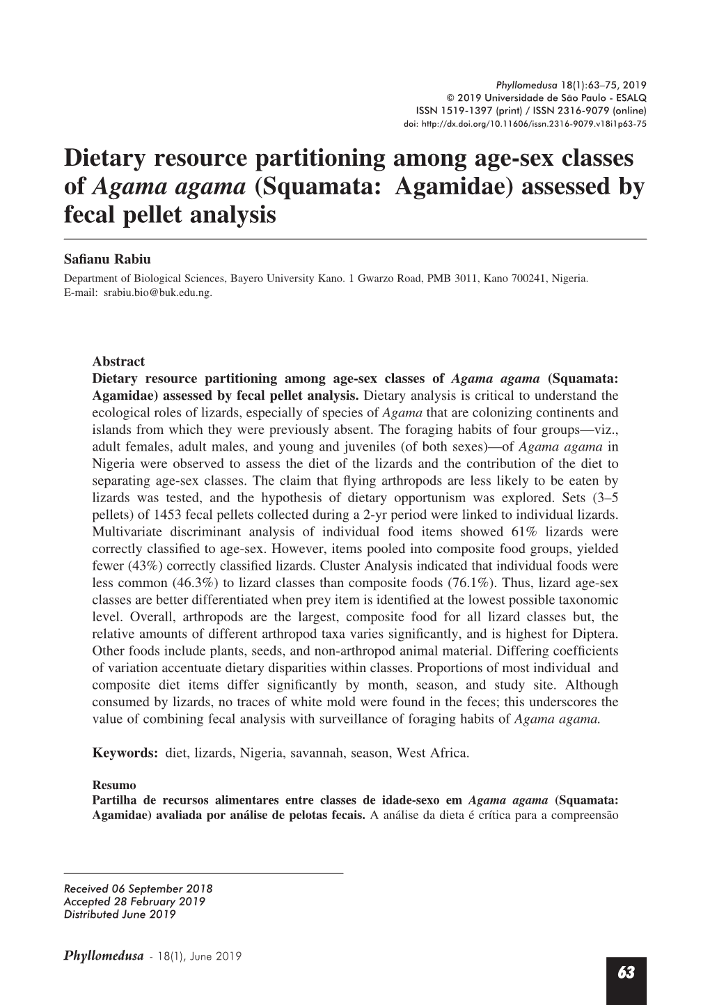 Dietary Resource Partitioning Among Age-Sex Classes of Agama Agama (Squamata: Agamidae) Assessed by Fecal Pellet Analysis