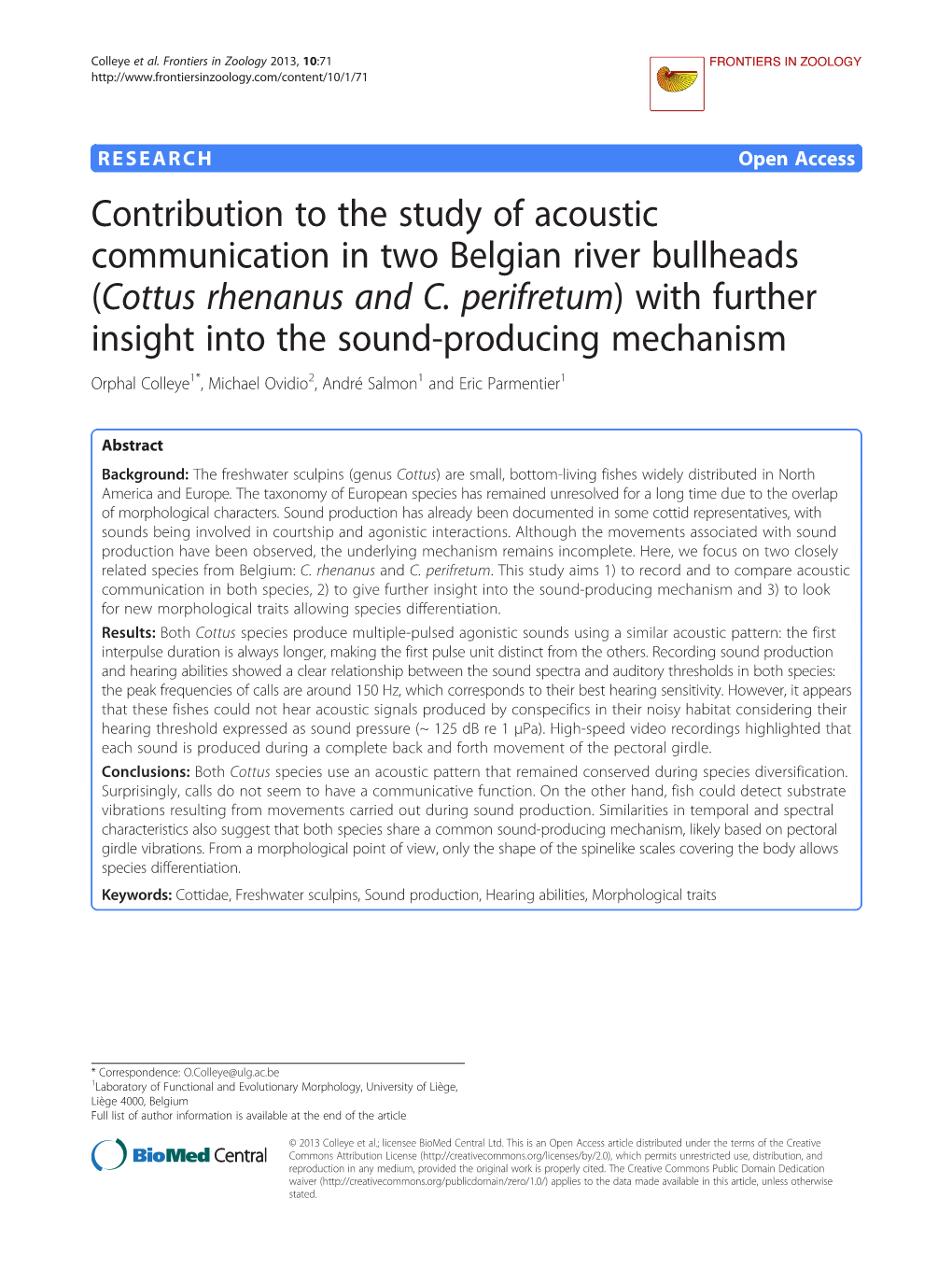 Cottus Rhenanus and C. Perifretum) with Further Insight Into the Sound-Producing Mechanism Orphal Colleye1*, Michael Ovidio2, André Salmon1 and Eric Parmentier1