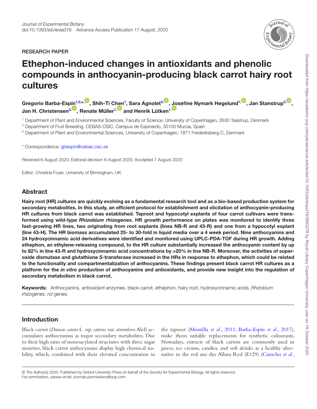 Ethephon-Induced Changes in Antioxidants and Phenolic Compounds in Anthocyanin-Producing Black Carrot Hairy Root Cultures