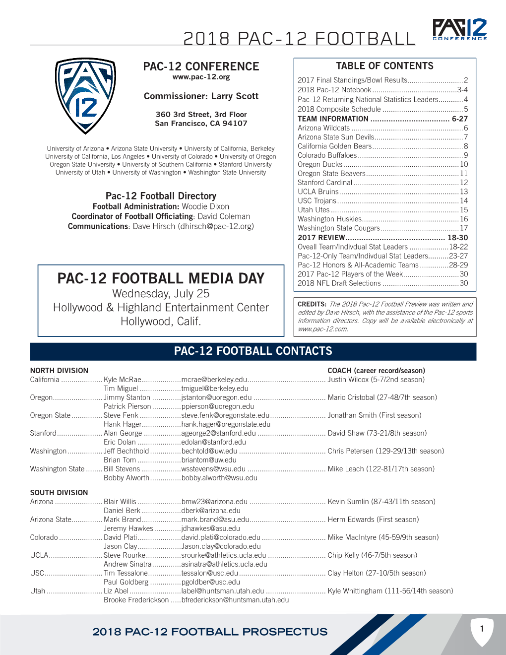 2018 PAC-12 FOOTBALL PAC-12 CONFERENCE TABLE of CONTENTS 2017 Final Standings/Bowl Results