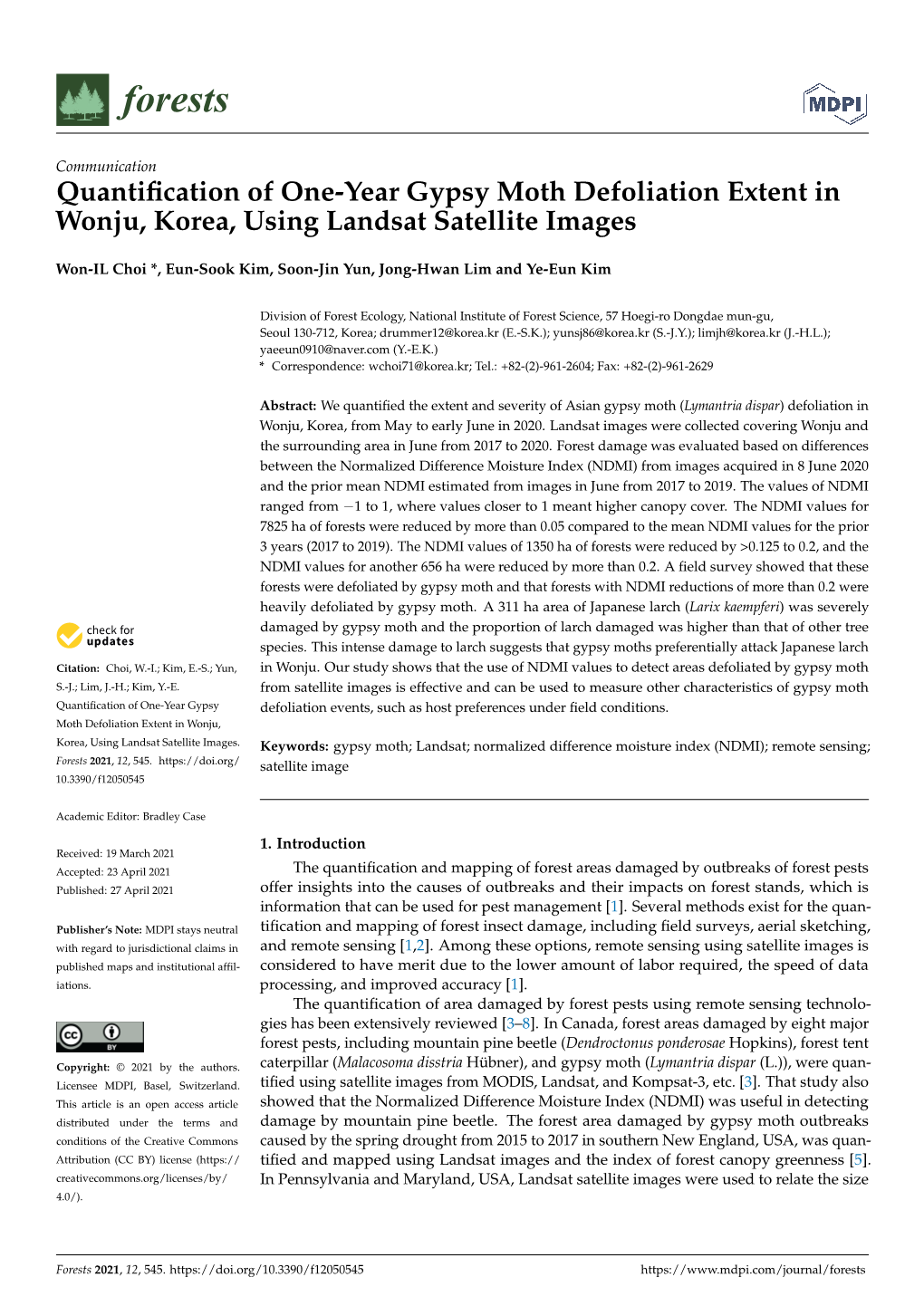 Quantification of One-Year Gypsy Moth Defoliation Extent in Wonju