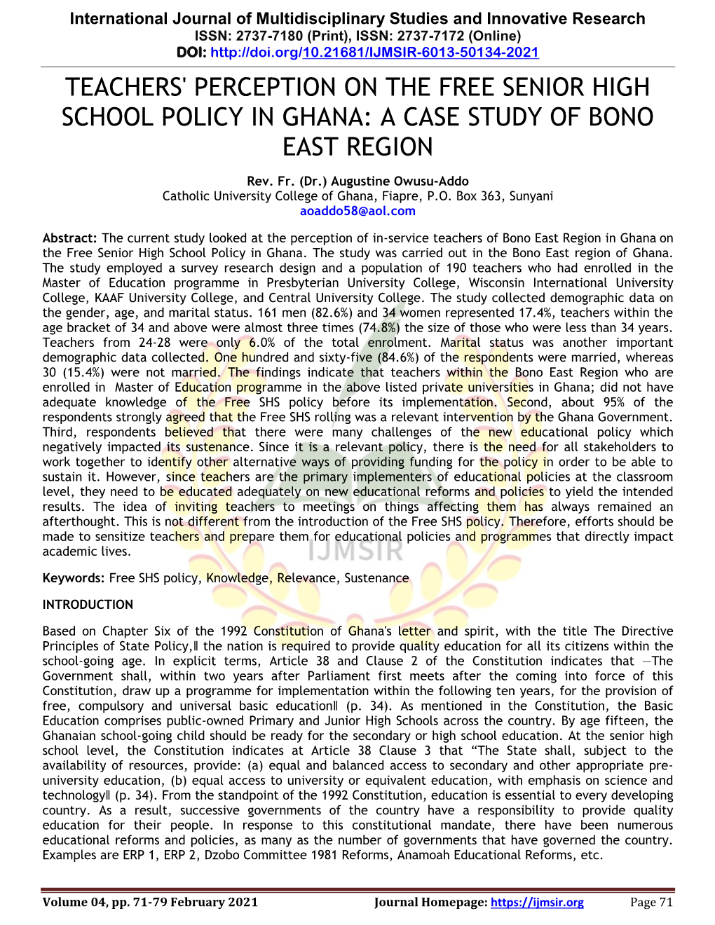 Teachers' Perception on the Free Senior High School Policy in Ghana: a Case Study of Bono East Region