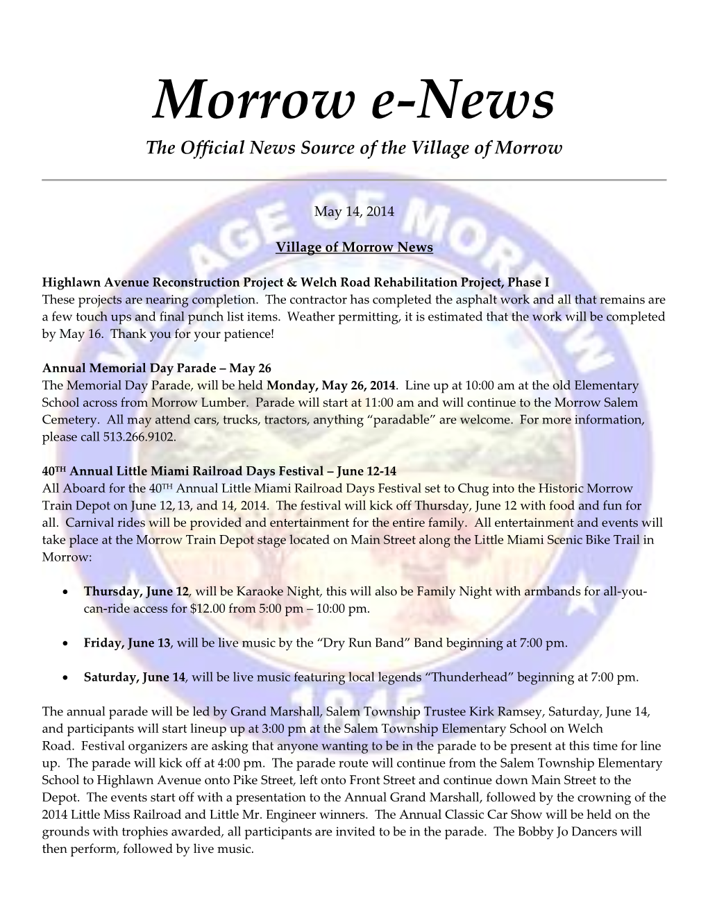 Morrow E-News the Official News Source of the Village of Morrow