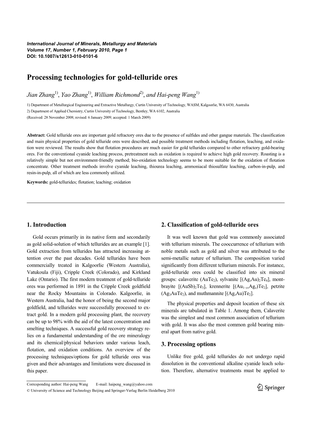 Processing Technologies for Gold-Telluride Ores