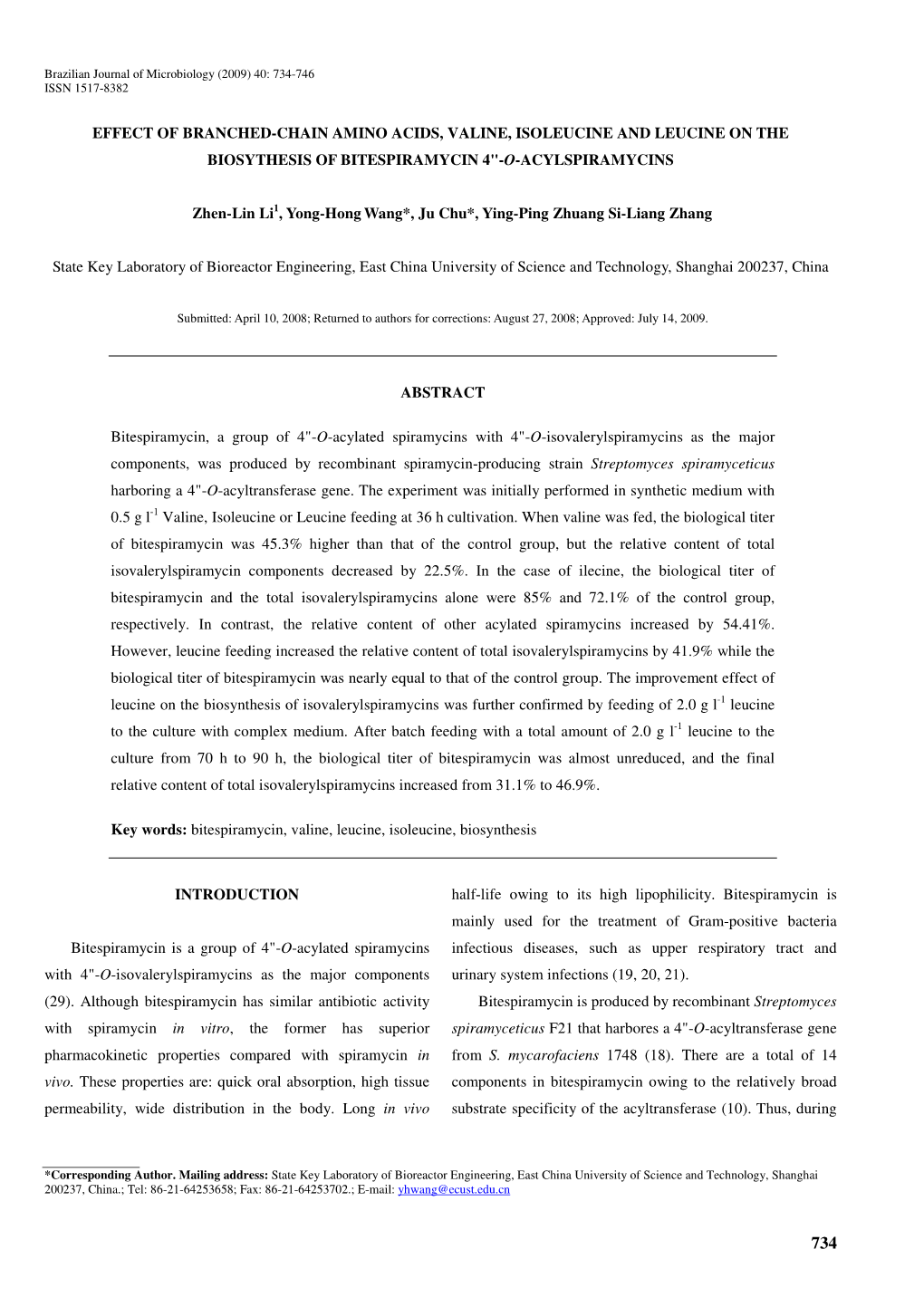 Effect of Branched-Chain Amino Acids, Valine, Isoleucine and Leucine on the Biosythesis of Bitespiramycin 4