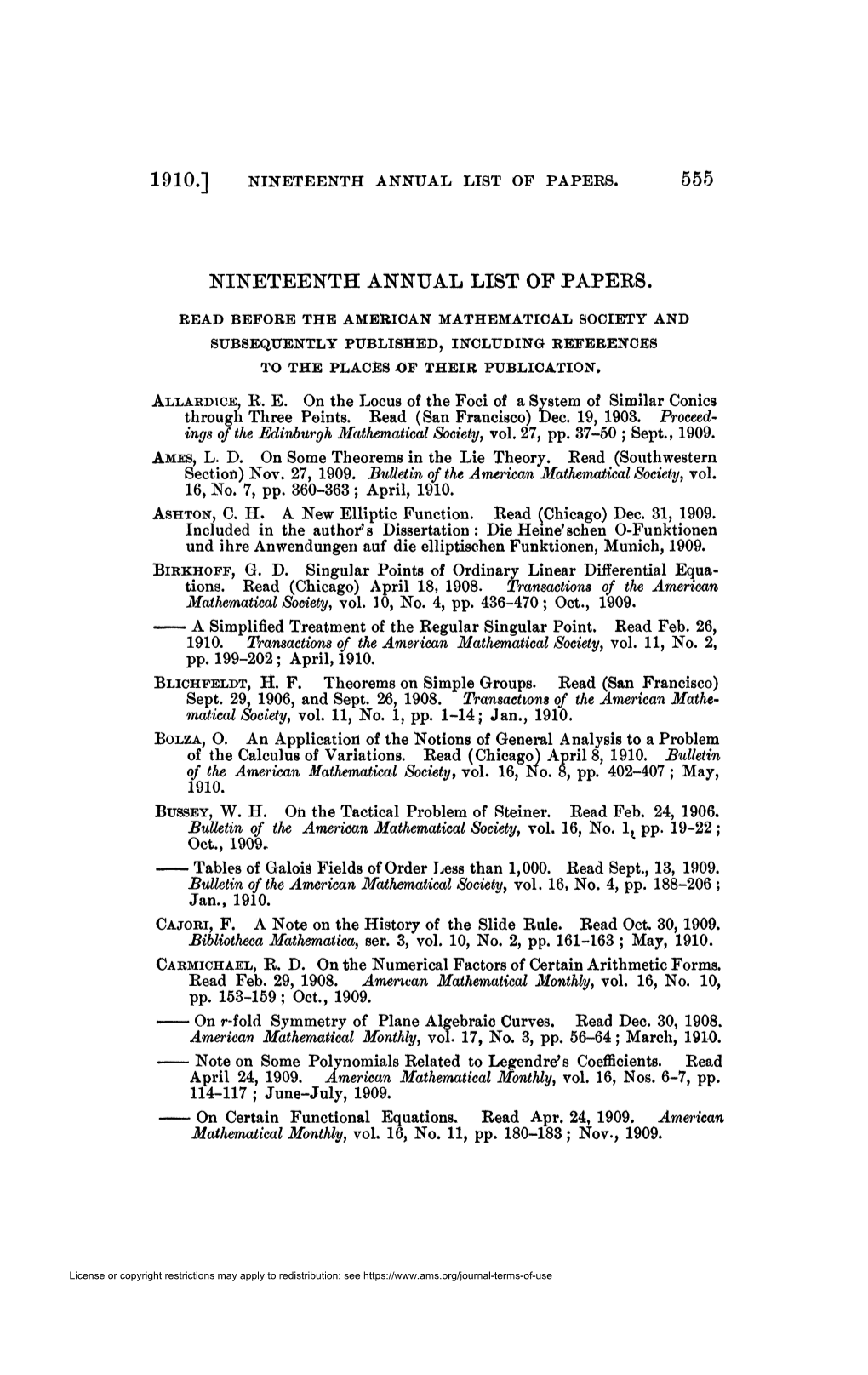 Nineteenth Annual List of Papers. 555