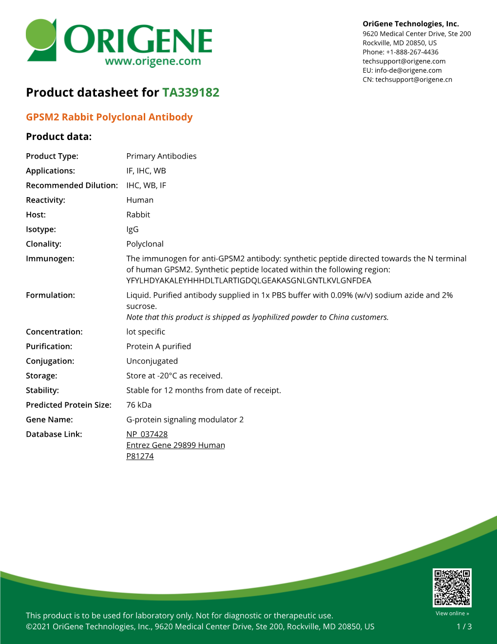 GPSM2 Rabbit Polyclonal Antibody – TA339182 | Origene