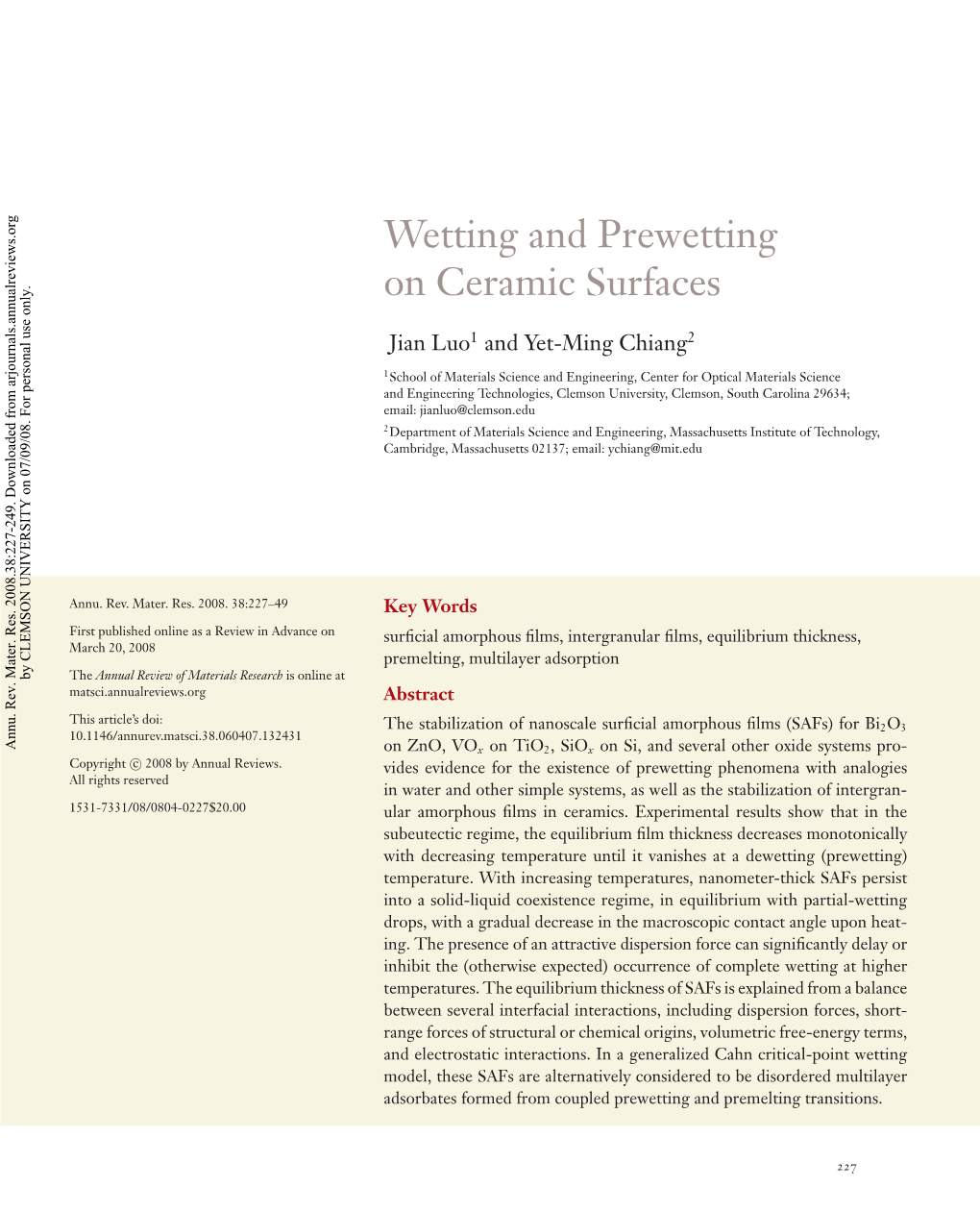 Wetting and Prewetting on Ceramic Surfaces