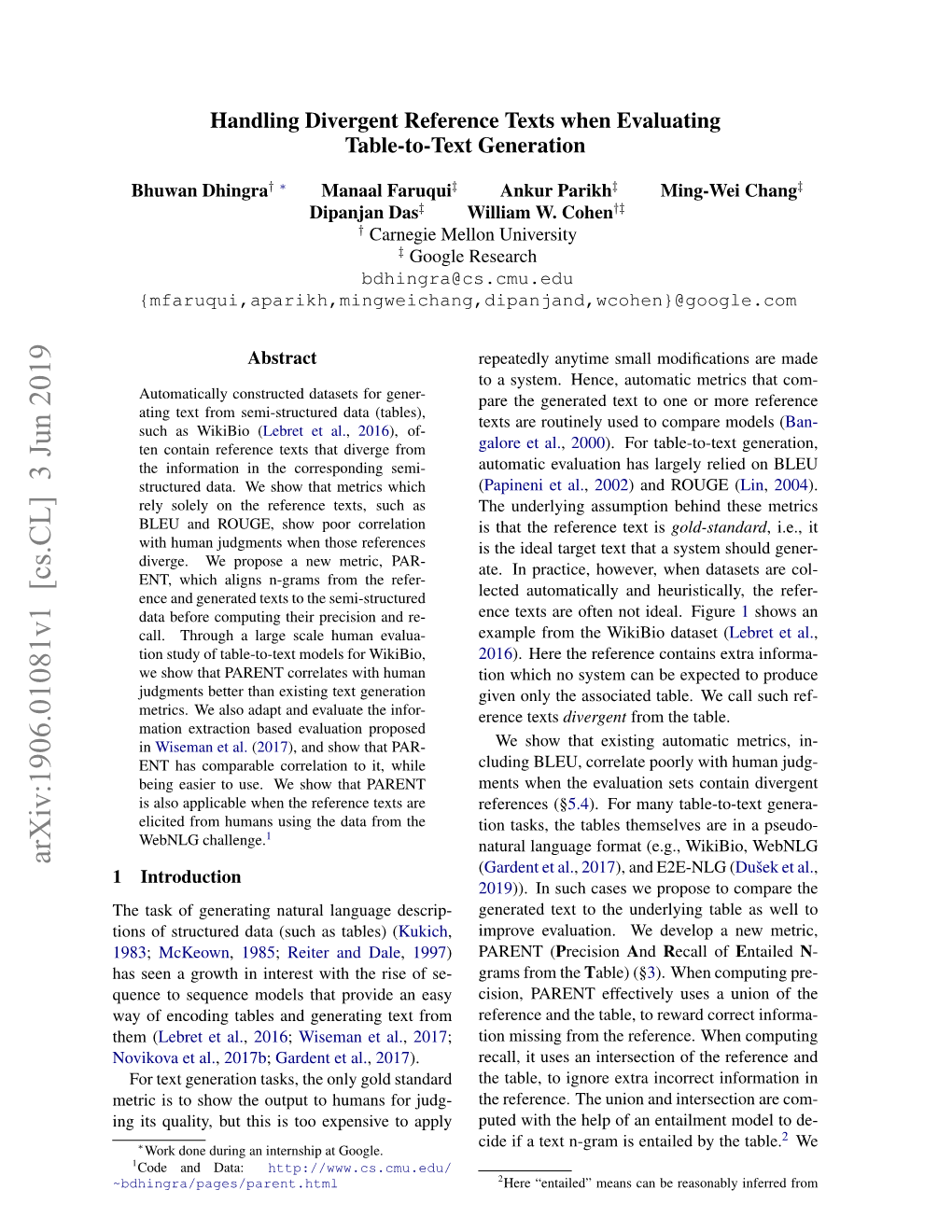 Arxiv:1906.01081V1 [Cs.CL] 3 Jun 2019 (Gardent Et Al., 2017), and E2E-NLG (Dušek Et Al., 1 Introduction 2019))