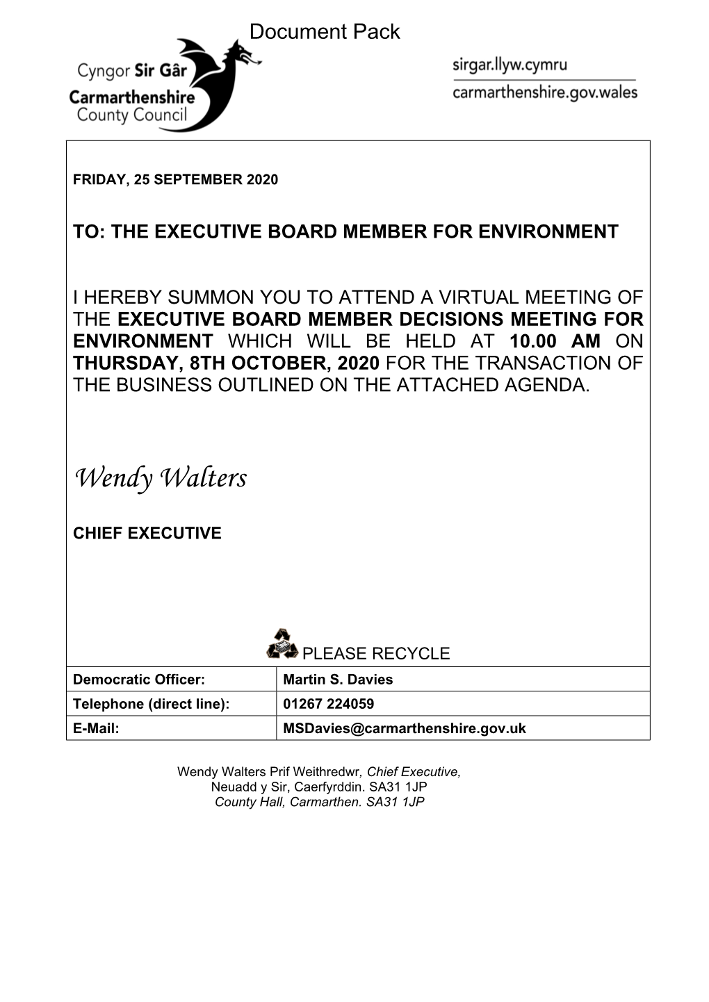 (Public Pack)Agenda Document for Executive Board Member Decisions Meeting for Environment, 08/10/2020 10:00