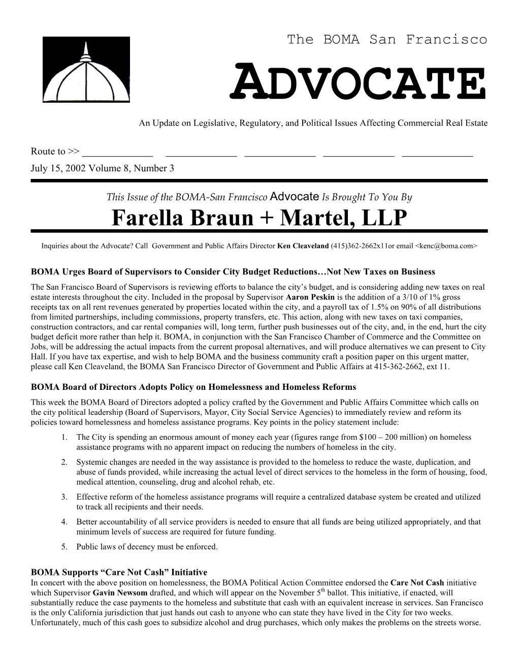 ADVOCATE an Update on Legislative, Regulatory, and Political Issues Affecting Commercial Real Estate