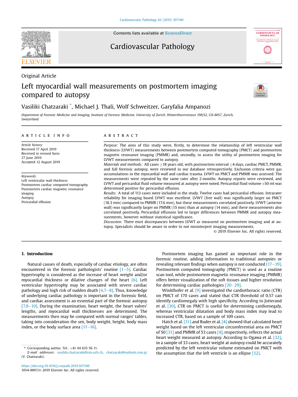 Left Myocardial Wall Measurements on Postmortem Imaging Compared to Autopsy