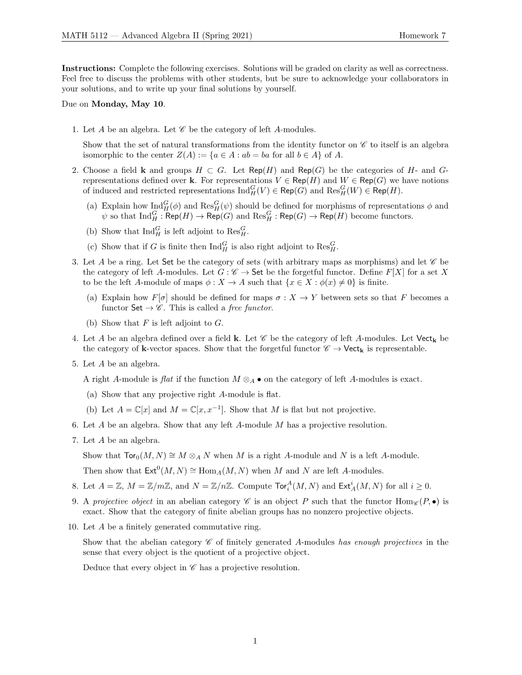 MATH 5112 — Advanced Algebra II (Spring 2021) Homework 7