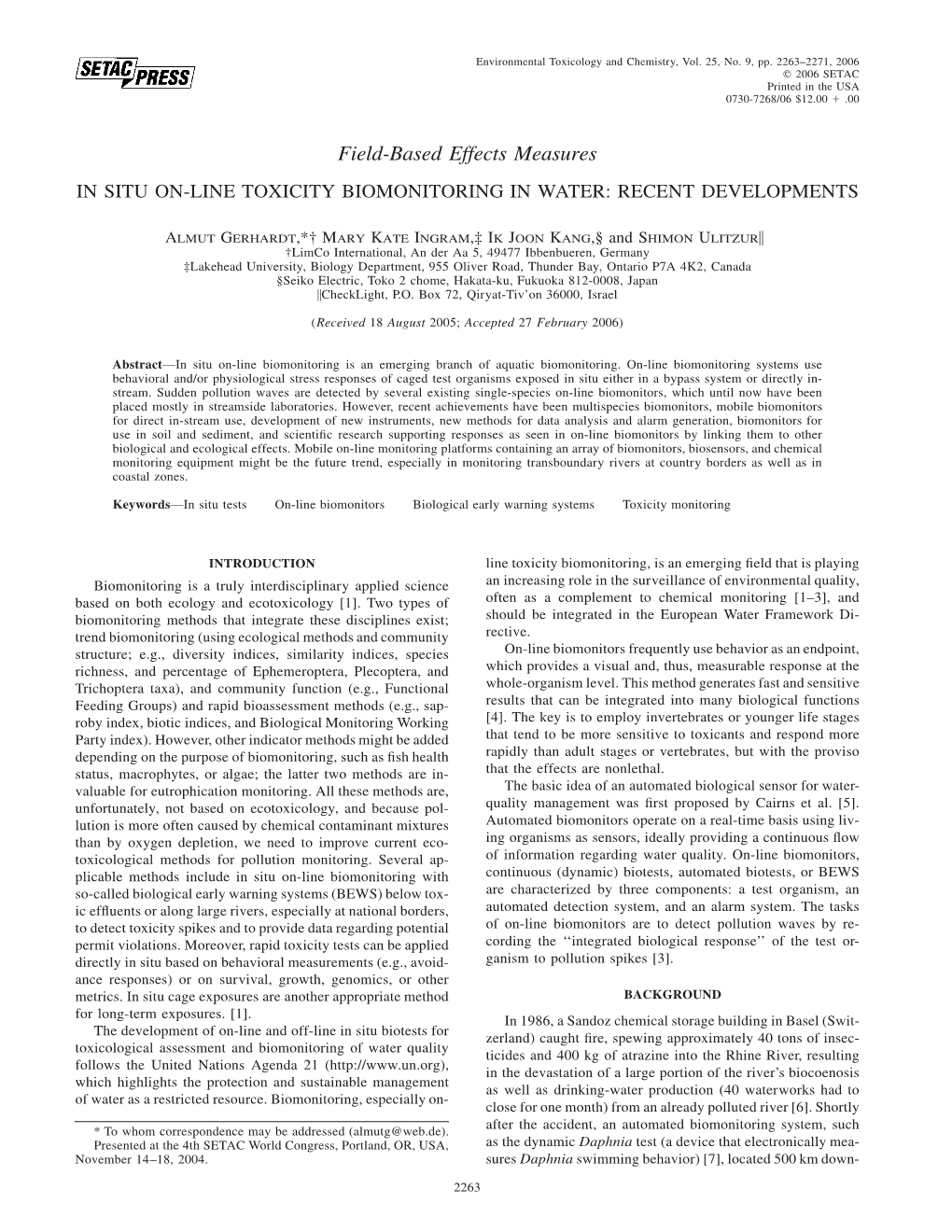 Field-Based Effects Measures in SITU ON-LINE TOXICITY BIOMONITORING in WATER: RECENT DEVELOPMENTS