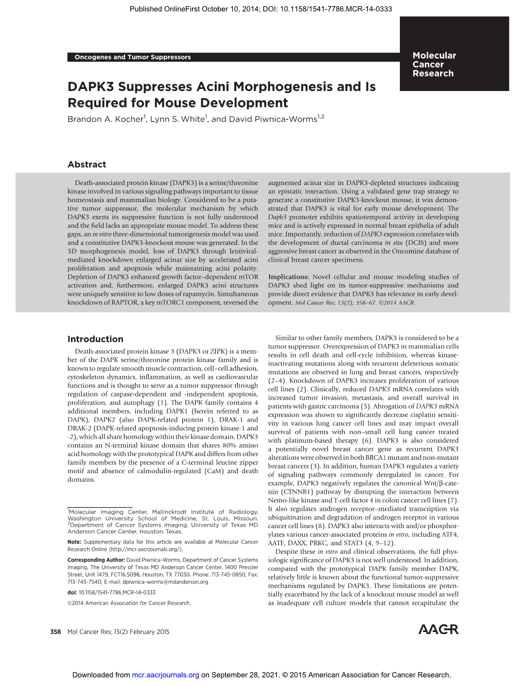 DAPK3 Suppresses Acini Morphogenesis and Is Required for Mouse Development Brandon A