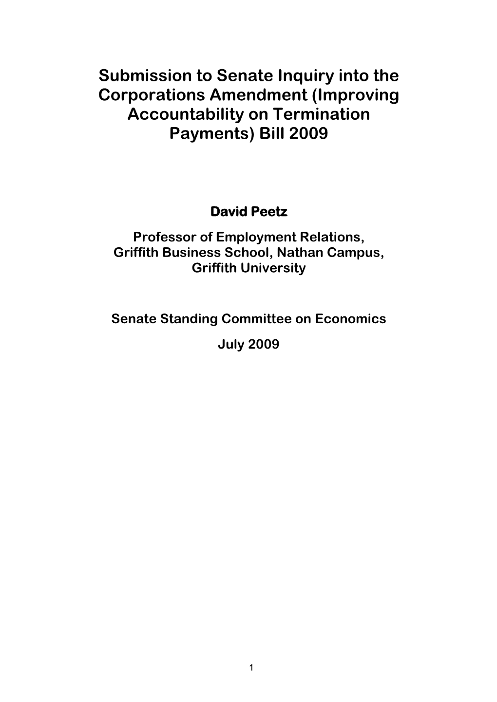 Submission to Senate Inquiry Into the Corporations Amendment (Improving Accountability on Termination Payments) Bill 2009
