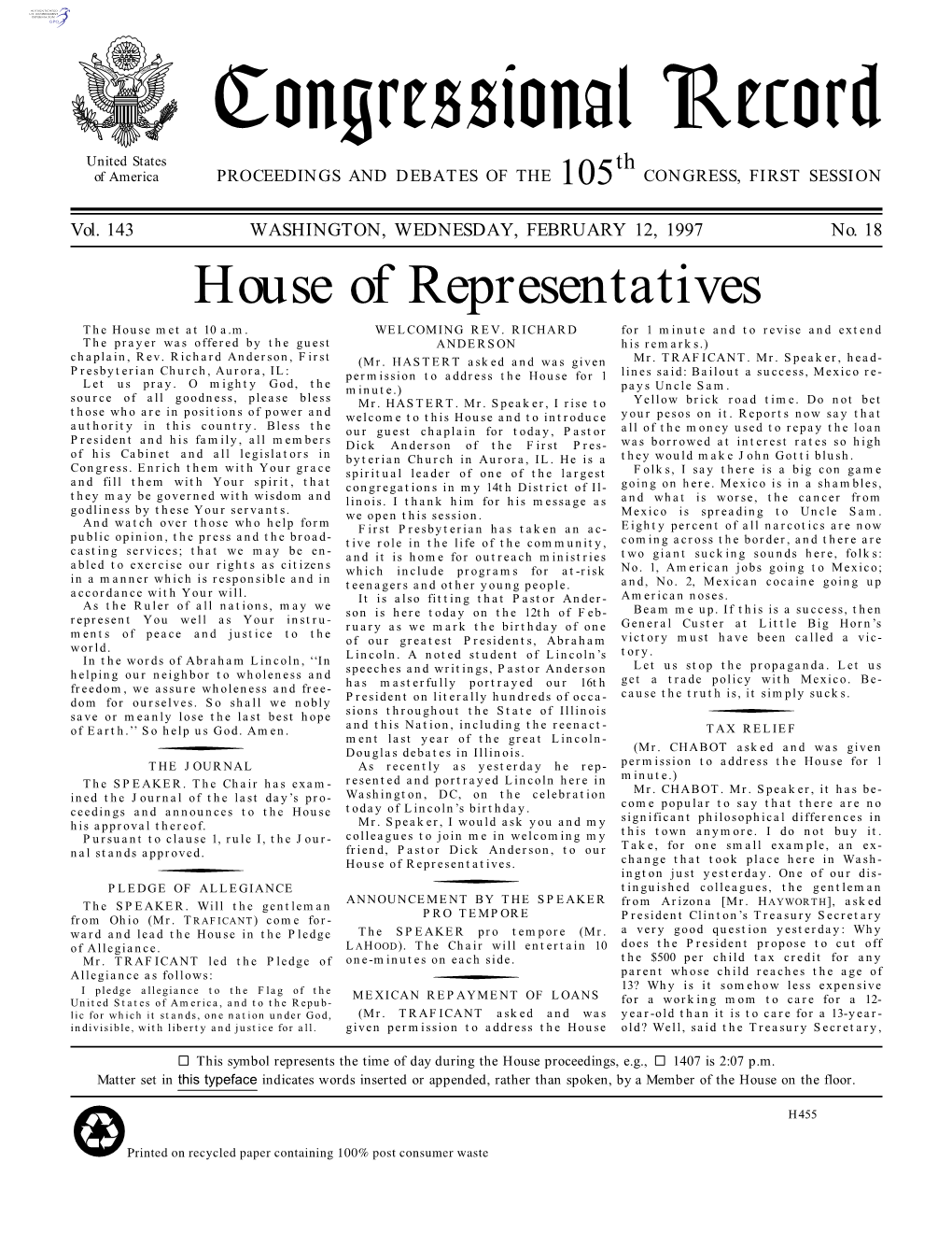 Congressional Record United States Th of America PROCEEDINGS and DEBATES of the 105 CONGRESS, FIRST SESSION