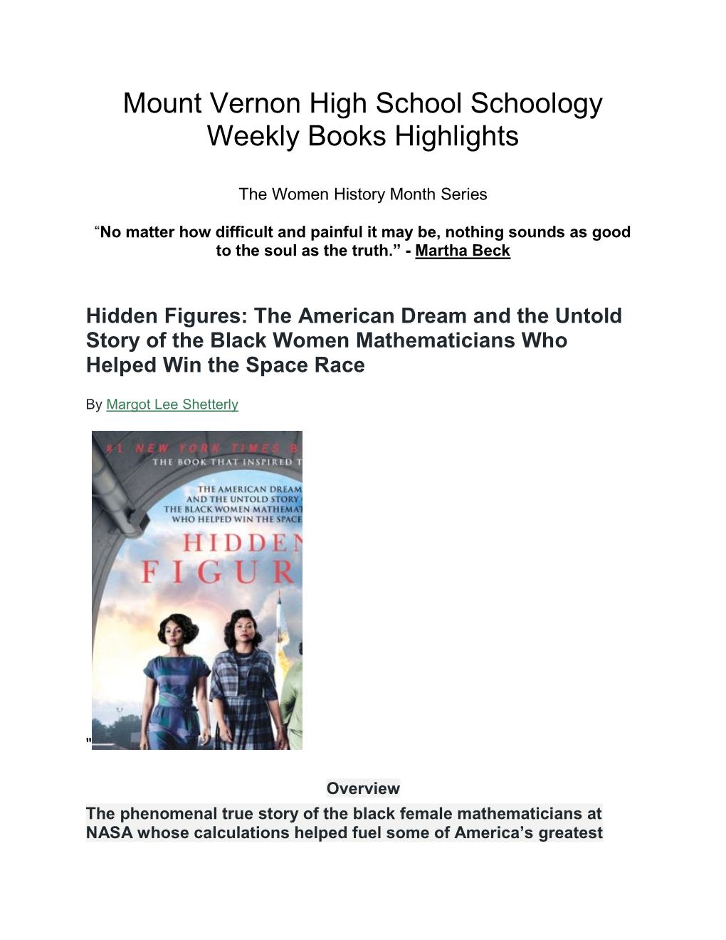 Mount Vernon High School Schoology Weekly Books Highlights