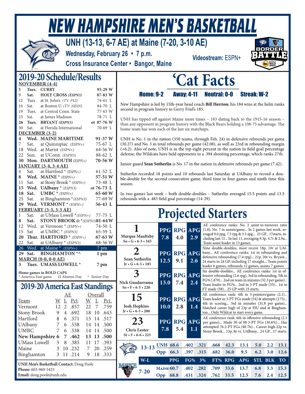 New Hampshire Men's Basketball Page 1/1 Combined Team Statistics As of Feb 23, 2020 Overall Statsall Games & Results