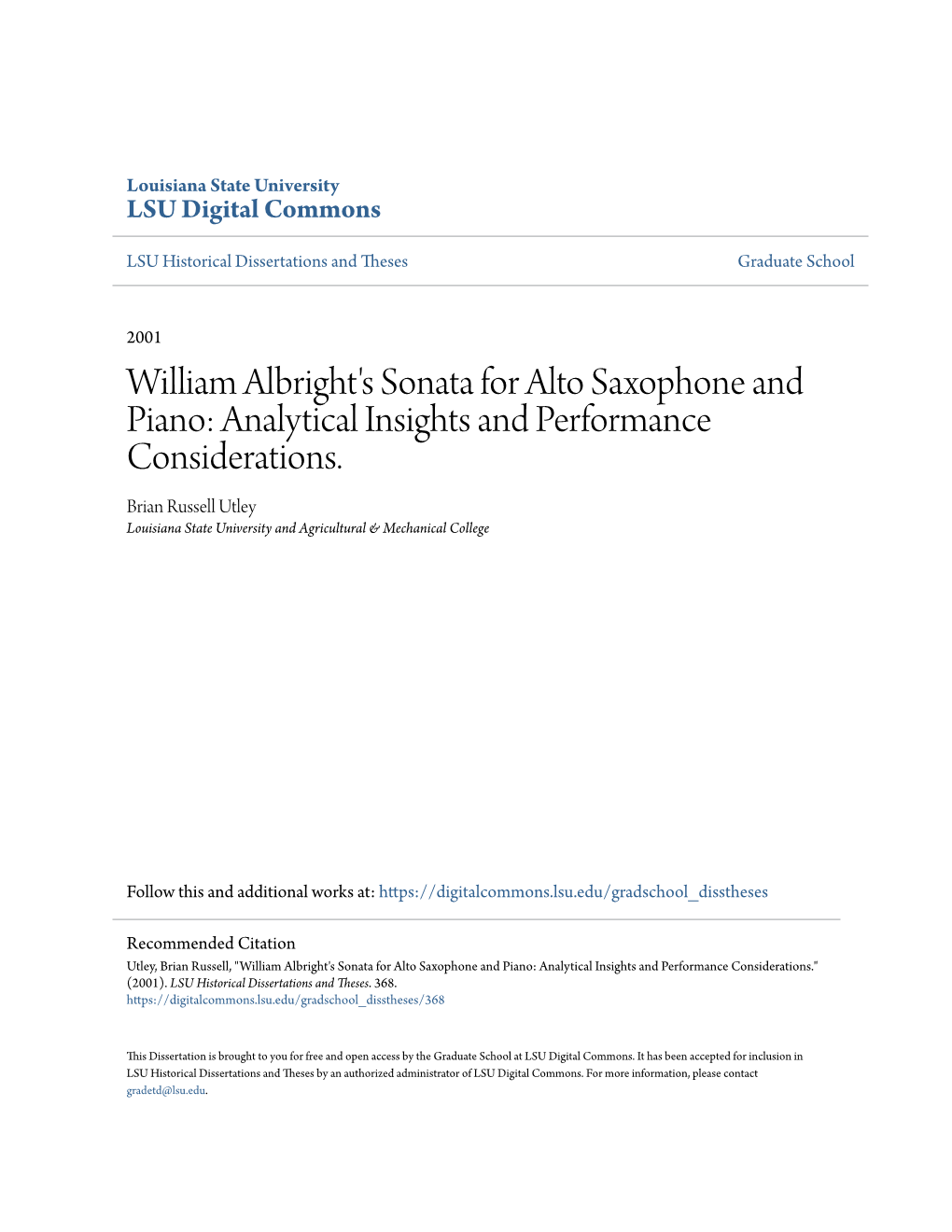 William Albright's Sonata for Alto Saxophone and Piano: Analytical Insights and Performance Considerations