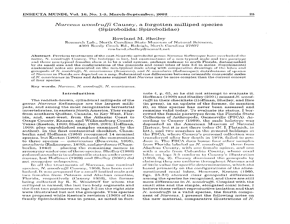 Narceus Woodruffi Causey, a Forgotten Milliped Species (Spirobolida: Spirobolidae)