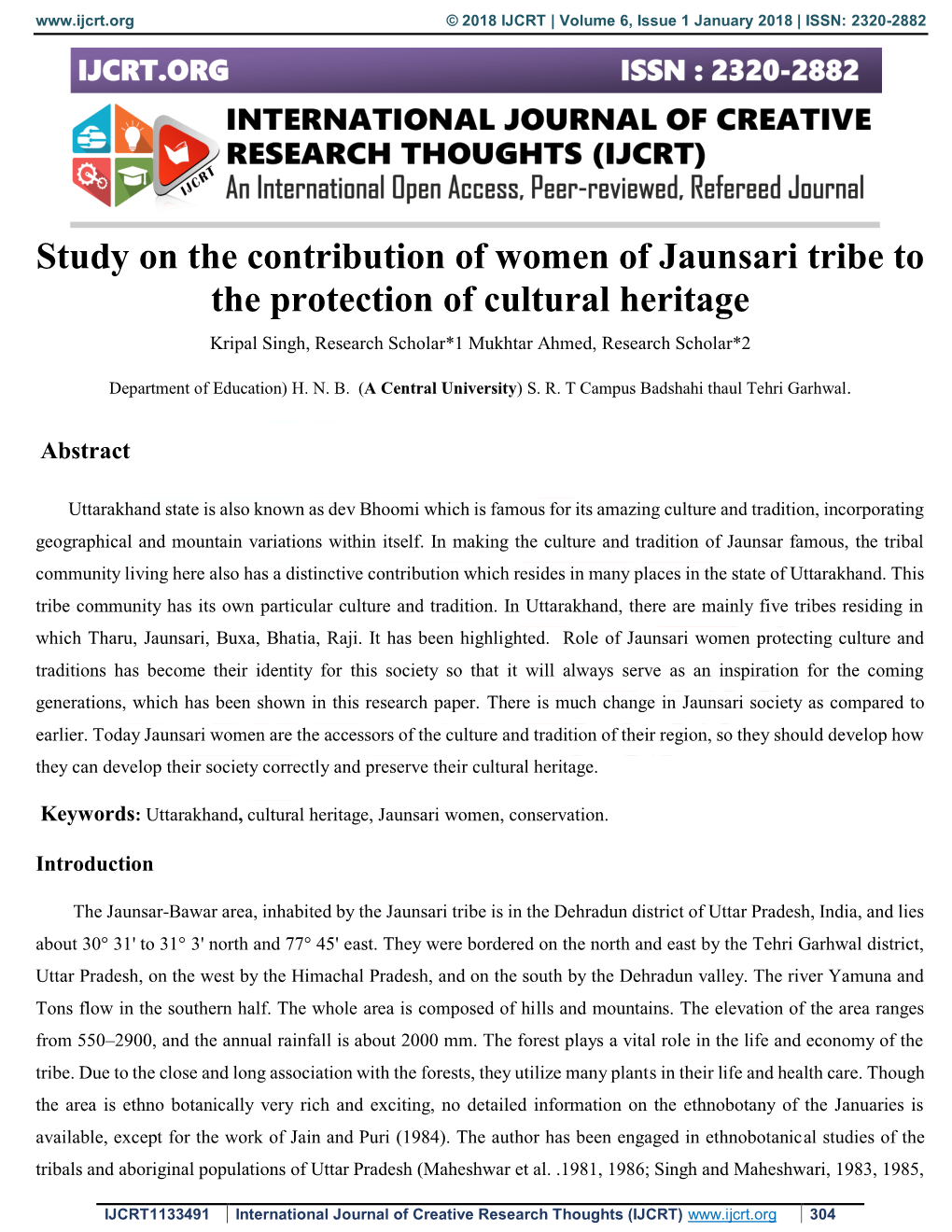 Study on the Contribution of Women of Jaunsari Tribe to the Protection of Cultural Heritage Kripal Singh, Research Scholar*1 Mukhtar Ahmed, Research Scholar*2
